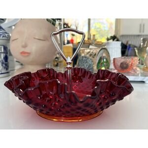 Vintage Fenton‎ Ruby Red Hobnail Candy Dish With Metal Handle